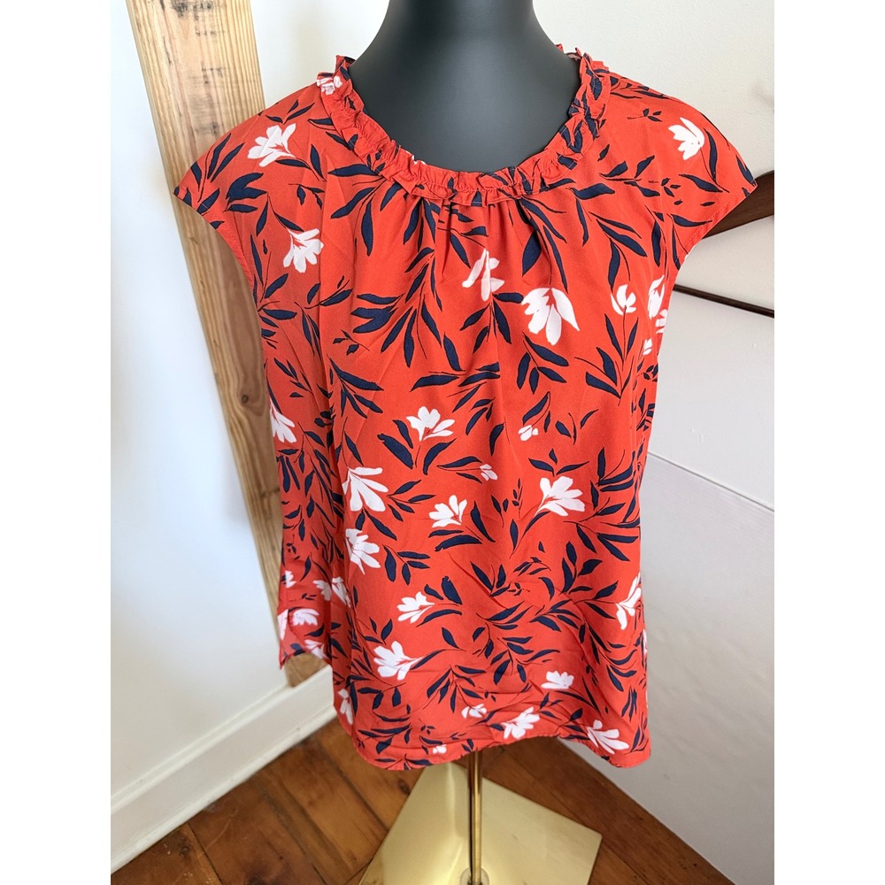 Daniel‎ Rainn Top Pullover Orange Floral Print Runched Neckline - Size Large